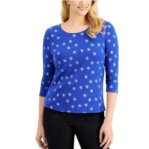 Karen Scott Festive Snowflake 3/4-Sleeve Top Ultra Blue PS